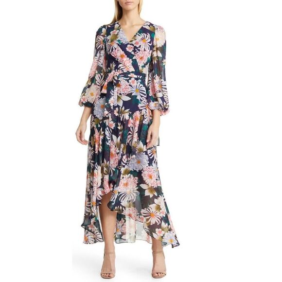 Eliza J Dresses & Skirts - Eliza J Floral Long Sleeve High-Low Faux Wrap Dress Women's 8 Blue Floral NWT
